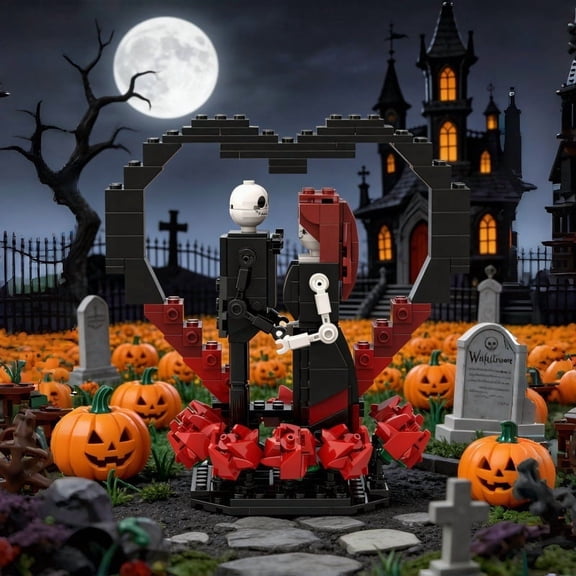 Chanbrick Skeleton Couple Love Rose Building Set Gothic Toys Floral Compatible With Lego Flowers Halloween For Adult