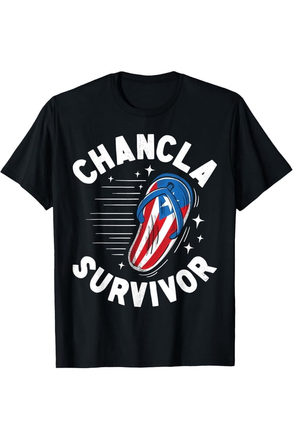 Chancla Survivor Puerto Rican Puerto Rico Funny Spanish Joke T-ShirtMen and women, Black T-shirt, size: Extra large