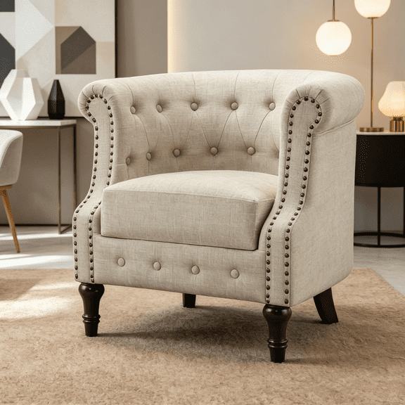 Chancy Accent Chairs,Comfy Club Barrel Modern Armchair with Soft Seat for Living Room Readingroom,Bedroom Seating,Beige
