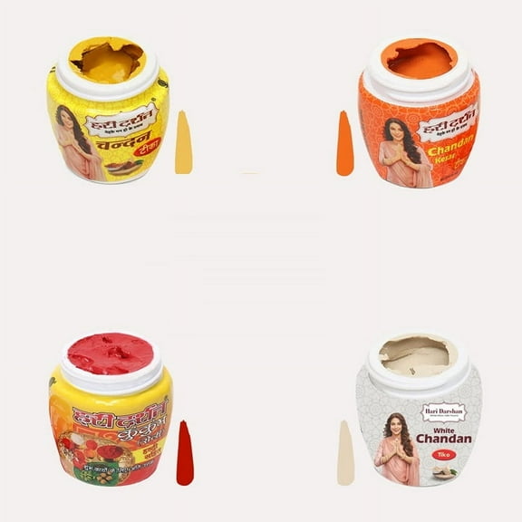 Chandan Tika Combo Pack of 4 | Pure Sandalwood Paste | Chandan Kesar Tika | Kumkum Roli | White Tika Tilak | For Daily Pooja and Hawan