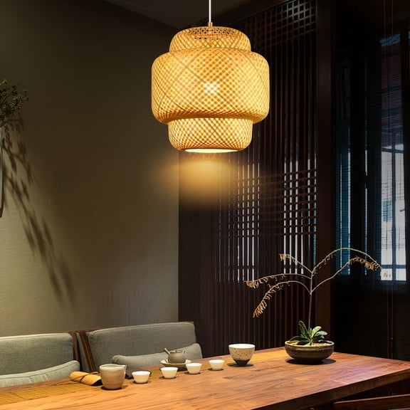 Chandelier - Bamboo Strip Woven Ceiling Lamp - Rattan Woven Handcrafted Industrial Lamp - Suitable for Restaurants, Tea Houses, Washbasins, Kitchens (no Bulb) - 11.82in/15.75in