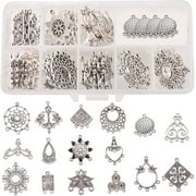 SFTD 1Box 48Pcs 12 Styles Chandelier Charms Earring Connectors Charm Filigree Components Links Findings Loops DIY Jewelry Vintage Hoop Earring Making Antique Silver