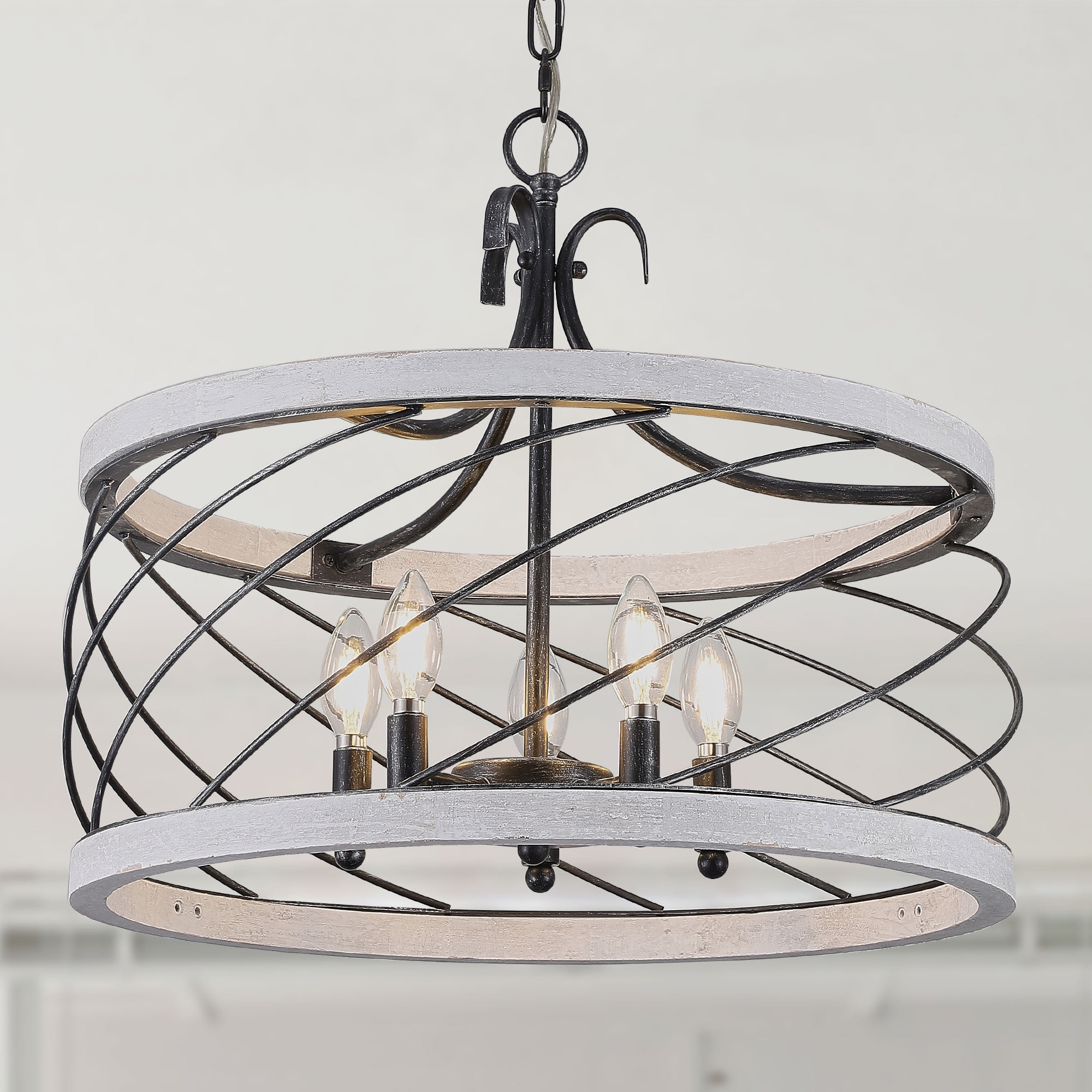 Distressed White and Black Wood Drum Chandelier with Adjustable Chain