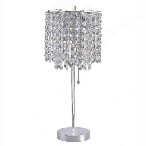 Chandelier Crystal Accented Table Lamp with Tubular Frame, Chrome and Clear- Saltoro Sherpi