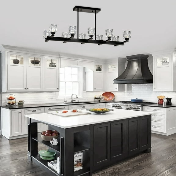 Chandelier for Dining Room,10-Light Black Farmhouse Linear Pendant Light Fixture,Modern Crystal Hanging Lighting Chandelier for Kitchen Island,Bar,Long Table,G9 Bulb(10*G9*Max 40W),Matte Black Metal