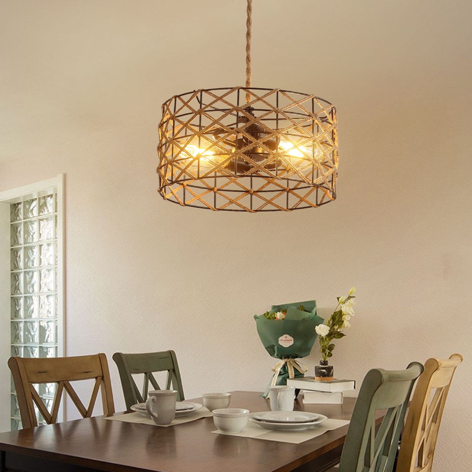 Chandelier Hanging Lamp with Switch Plug-in Ceiling Light with Hemp Rope Decor E26 Bulb Base