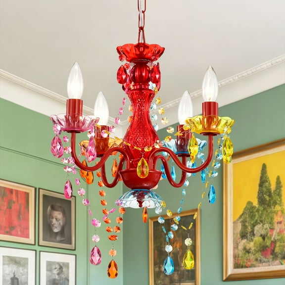 Small Crystal Chandelier 4-Light , Colorful Acrylic Ceiling Light for Kids Room Nursery Playroom