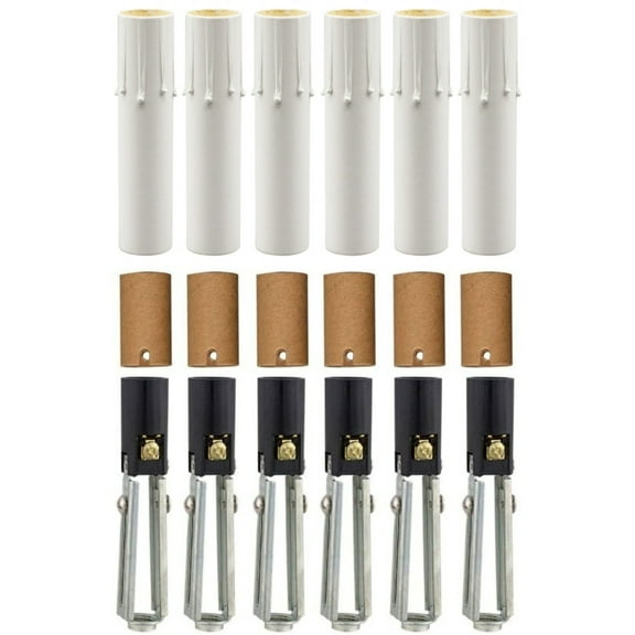 Chandelier Lighting Fixture Socket Kit, Adjustable Height Candelabra E-12 Sockets with Cardboard Insulators and 4-Inch White Drip Candle Cover Sleeves, Set of 6