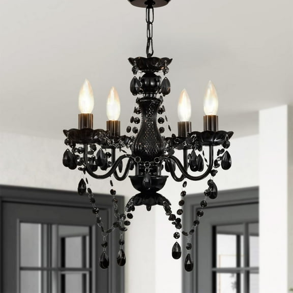 Small Crystal Chandelier Ceiling Lights Black 4-Light Fixture For Bedroom Dining Room