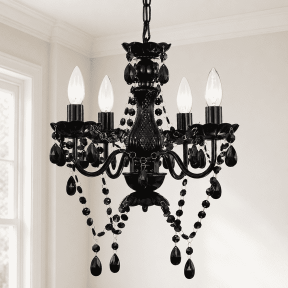 Small Black Chandelier, 4-Light Acrylic Crystal Ceiling Light for Bedroom Dining Room