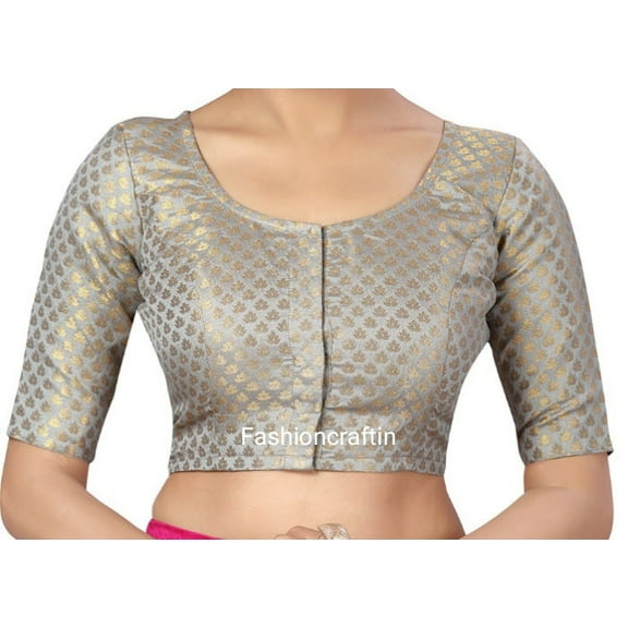 Chanderi Silk Blouse Round Neck Indian Saree Blouse Beautiful Sari Top with Elbow Sleeve Available in All Size