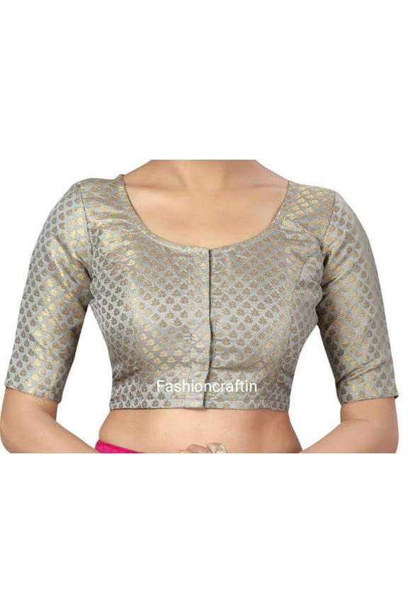 Chanderi Silk Blouse Round Neck Indian Saree Blouse Beautiful Sari Top with Elbow Sleeve Available in All Size