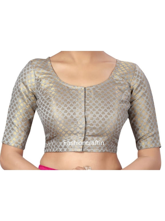 Chanderi Silk Blouse Round Neck Indian Saree Blouse Beautiful Sari Top with Elbow Sleeve Available in All Size