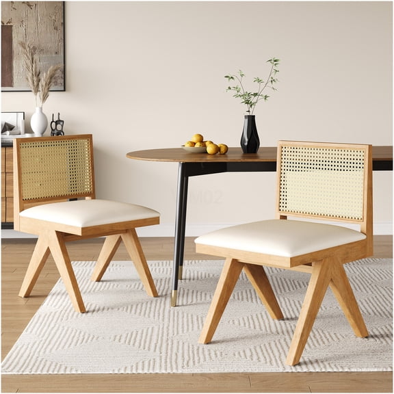 Chandigarh 2-Piece Natural Cane Dining Chairs with Beige Fabric Cushions, Farmhouse Kitchen Side Chairs
