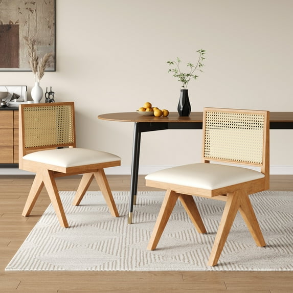 Chandigarh Dining Room Chairs, Cane Upholstered Kitchen Chairs Side Chairs(Set of 2),Natural cane+beige cushion