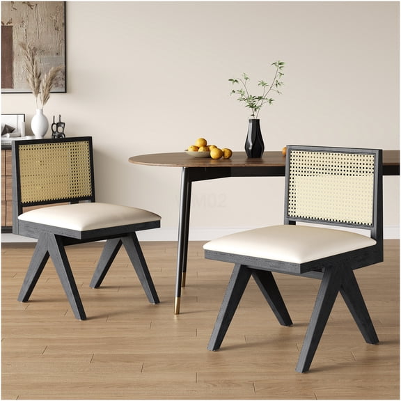 Chandigarh Modern Dining Chairs Set of 2, Farmhouse Kitchen Side Chairs with Cane Back and Grey Cushion