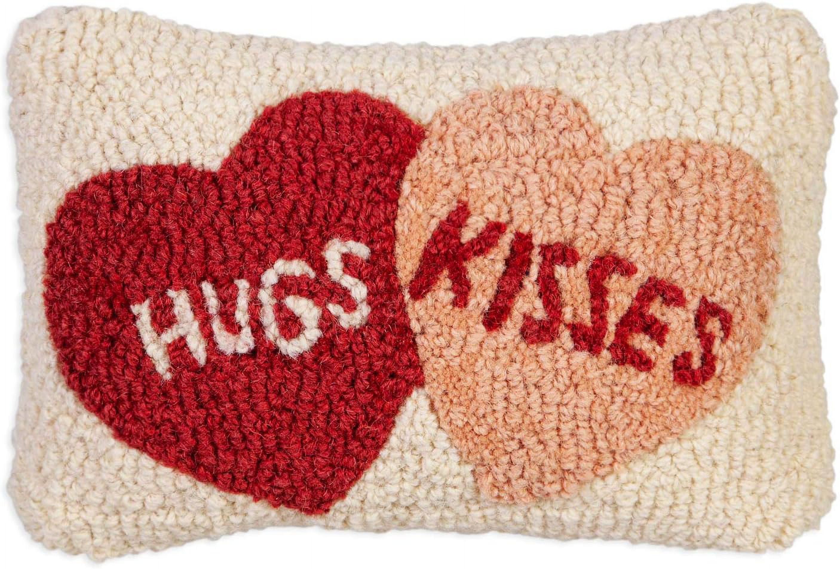 Hugs Kisses Hearts Hand-Hooked Wool Valentine's Day Throw Pillow