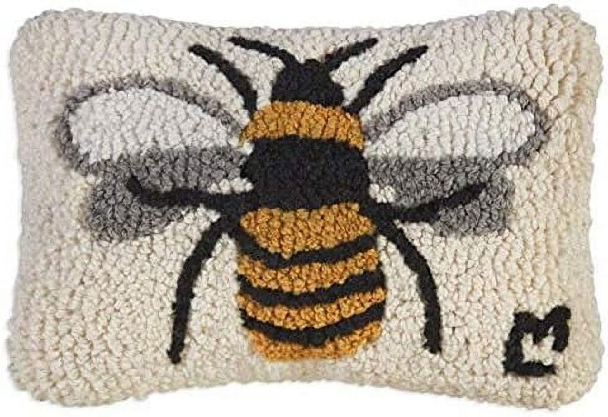 Artist-Designed Bumblebee Hand-Hooked Wool Decorative Petite Throw Pillow (8 in x 12 in) Garden Pillow for Couches & Beds - Low Maintenance Nature, Garden Honey Bee Home Décor