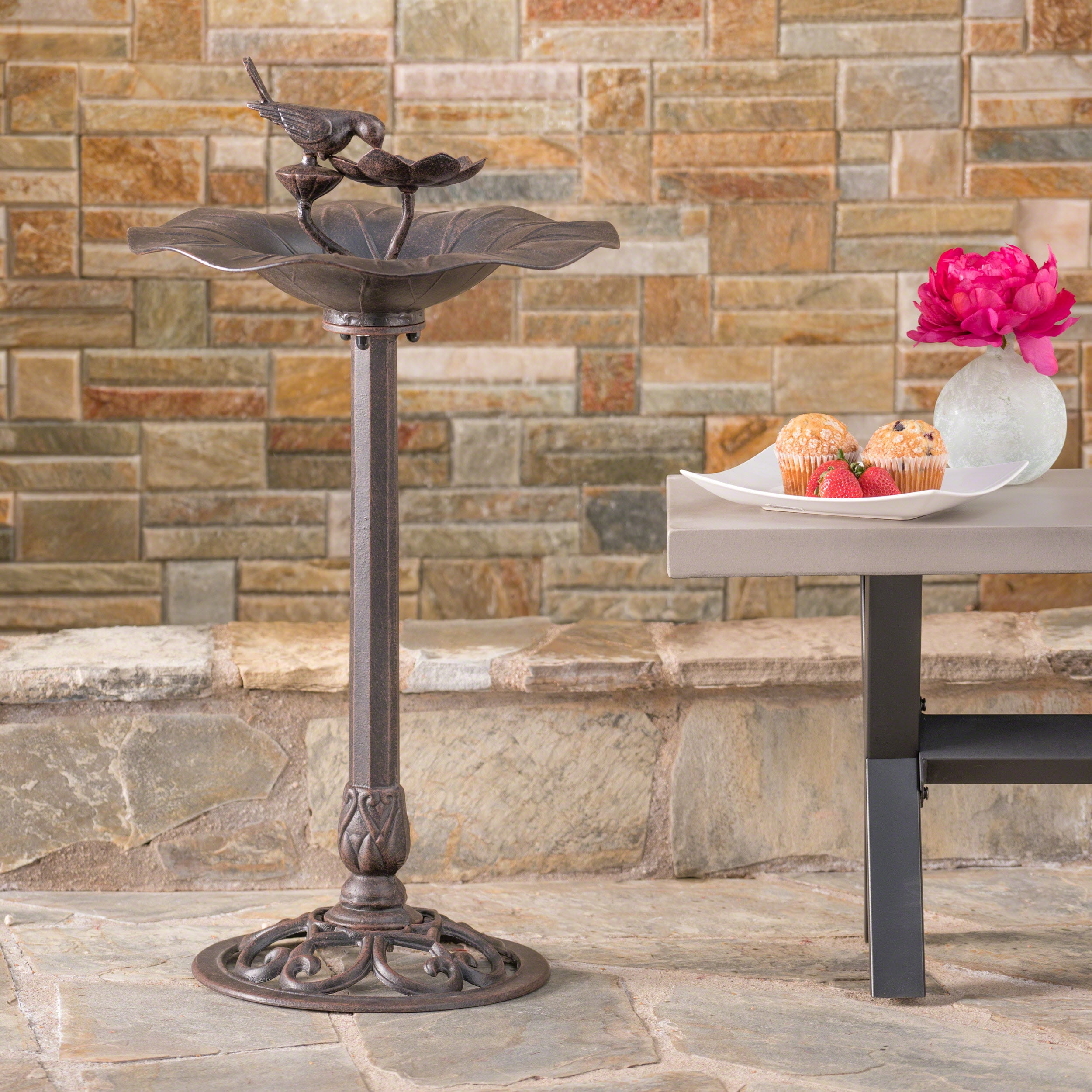 Chandler Outdoor Aluminum Top Bird Bath with Iron Base, Bronze