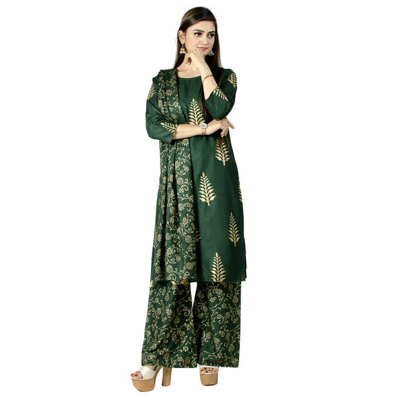 Chandrakala Gold Foil Printed Kurti Palazzo Set for Women Rayon Cotton Indian Ethnic Tunic ,Small (K176BOT1)