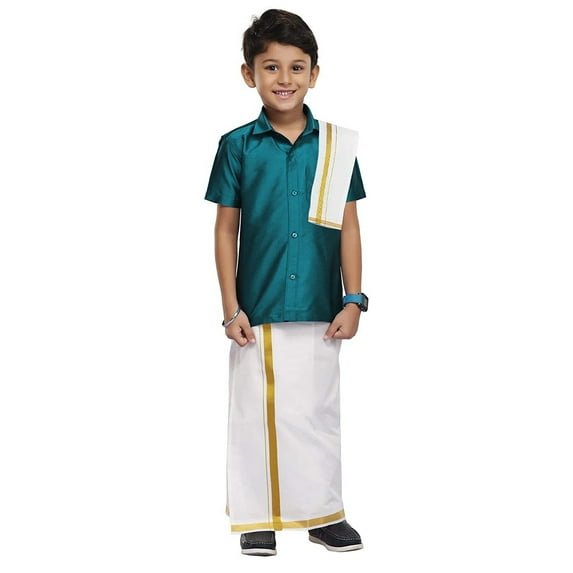 Chandrakala Kids Silk Blend Shirt With Kasavu Mundu Dupatta Set for Boys Indian Traditional Party Wear Bollywood Style Wedding Dress,7-8 Years Teal Blue-101 (KB101TEA8)