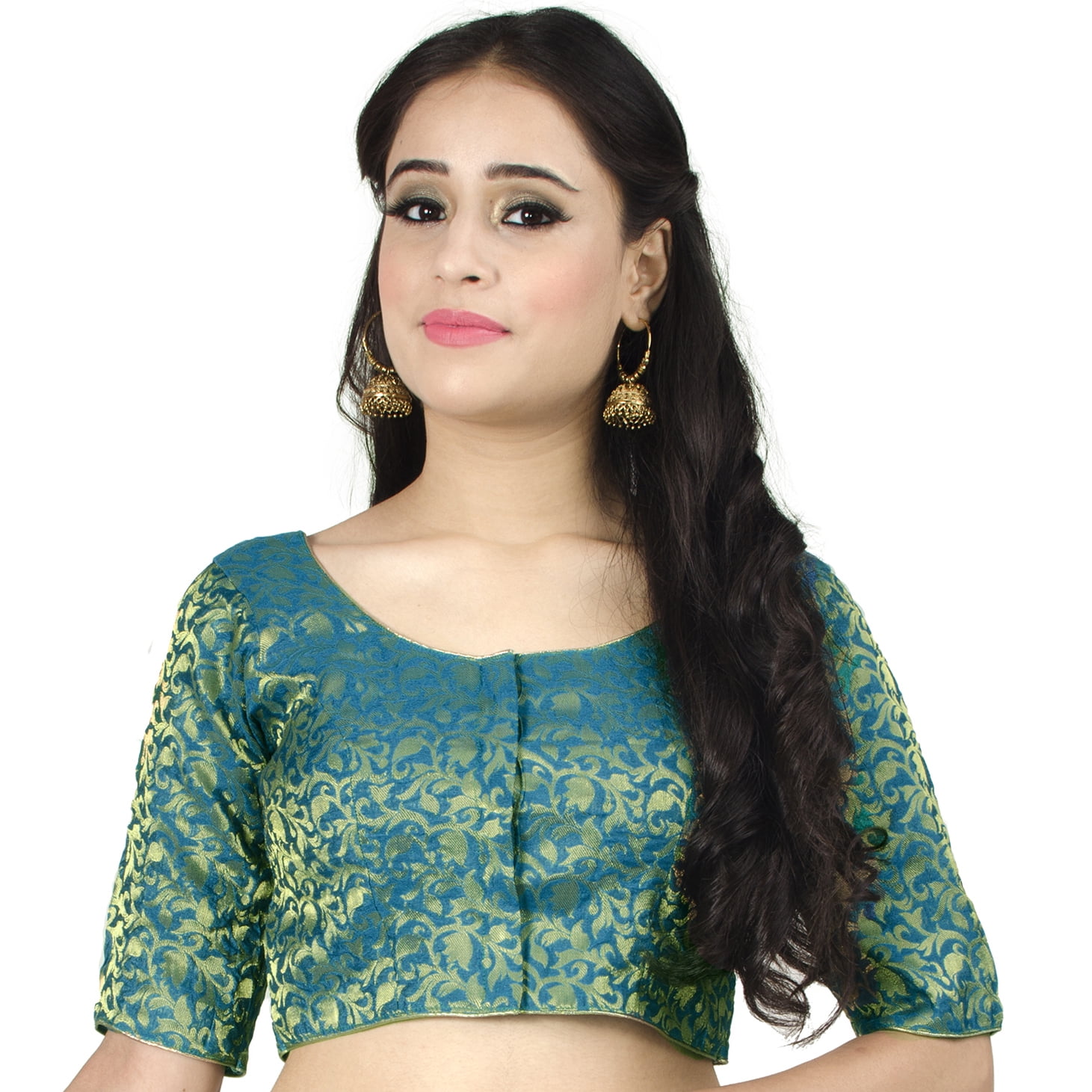Women Blue Chanderi Mughal Floral Sleeveless Crop Top