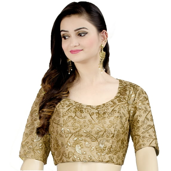 Chandrakala Women's Readymade Non Padded Full Embroidery Art Silk Indian Ethnic Saree Blouse Crop Top Choli-Small, Beige (B187BEI2)