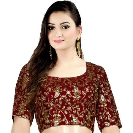 Chandrakala Women's Readymade Non Padded Full Embroidery Art Silk Indian Ethnic Saree Blouse Crop Top Choli-Small, Maroon (B187MAR2)