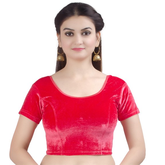Chandrakala Women's Readymade Velvet Indian Ethnic Saree Blouse Crop Top Stretchable Choli-Medium, Red (B130RED3)