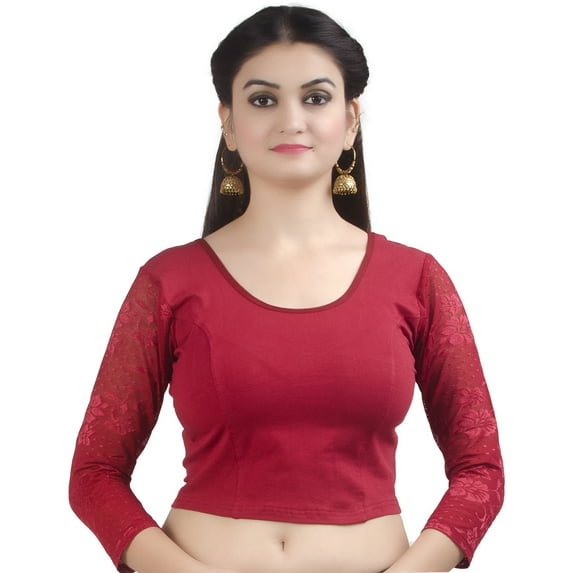 Chandrakala Women's Stretchable Readymade Lycra Maroon Indian Ethnic Saree Blouse Crop Top Choli-Large (B101MAR4)