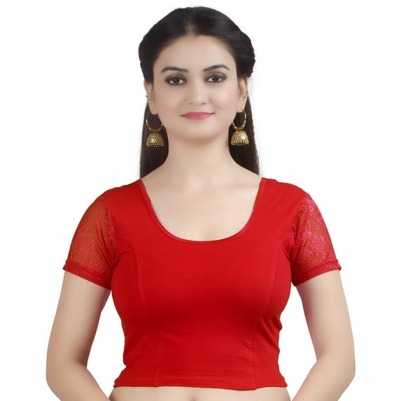 Chandrakala Women's Stretchable Readymade Lycra Red Indian Ethnic Saree Blouse Crop Top Choli-Large (B102RED4)
