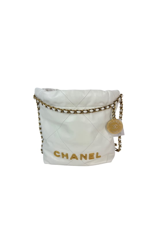 Pre-Owned Chanel 22 Mini Shiny Calfskin Quilted White Crossbody Bag