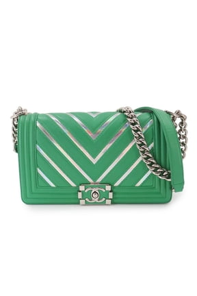 Pre-Owned Chanel Boy Chain Shoulder Handbag, Lambskin, Green, A67086, Silver Hardware