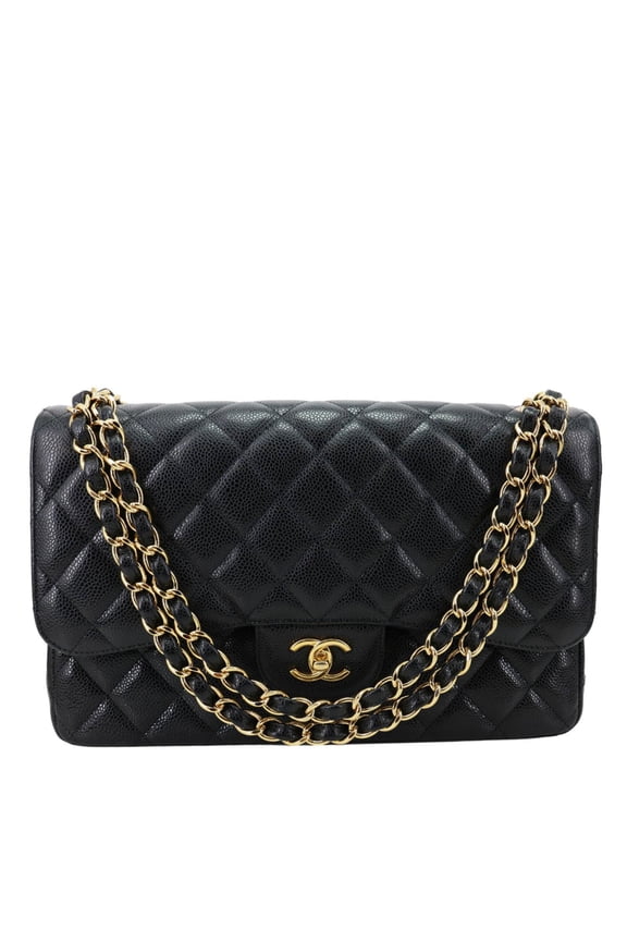 Pre-Owned Chanel Classic Double Flap Jumbo Quilted Caviar Leather Shoulder Bag Black