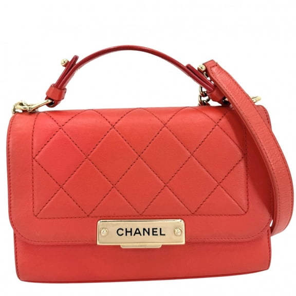 Pre-Owned Chanel Click Label Matelass Chain Shoulder Bag for Women, Leather, Orange Tone,...