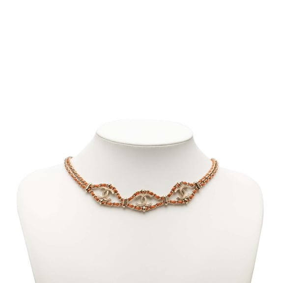 Pre-Owned Chanel Coco Mark Chain Necklace, B18C Stamp, Gold, Orange Leather, Plated, Women's.