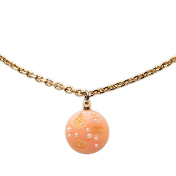 Pre-Owned Chanel Coco Mark Chain Necklace, Orange/Gold Tone, Plastic, Faux Pearl, Plated,...