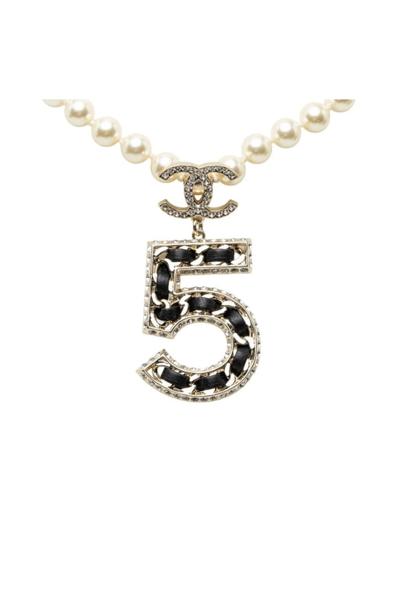 Pre-Owned Pre-Owned Chanel Coco Mark No. 5 B23P Necklace, Gold and Black Plated, Faux Pearl Rhinestone,...