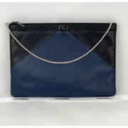 Chanel Quilted Lambskin Leather Black Blue Large Boy Zip Pouch Added Chain