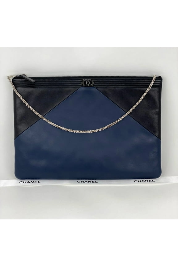 Quilted Lambskin Leather Black Blue Large Boy Zip Pouch Added Chain