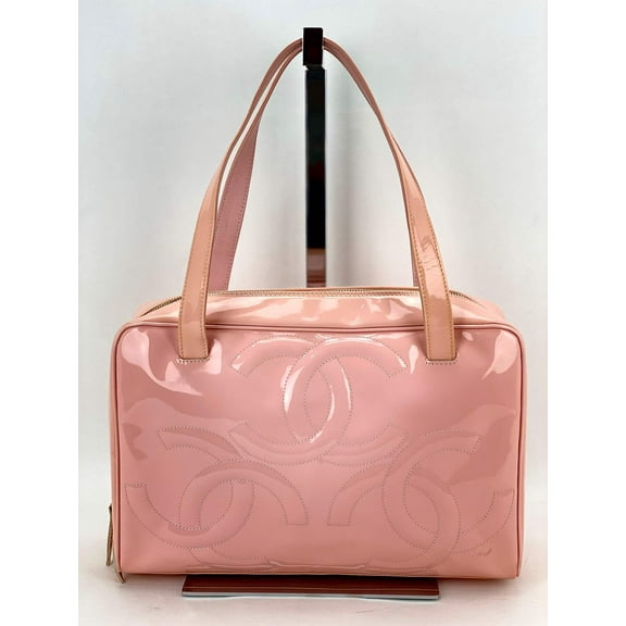 Chanel Triple CC Logo Medium Pink Patent Leather Tote Shoulder Bag Pre owned