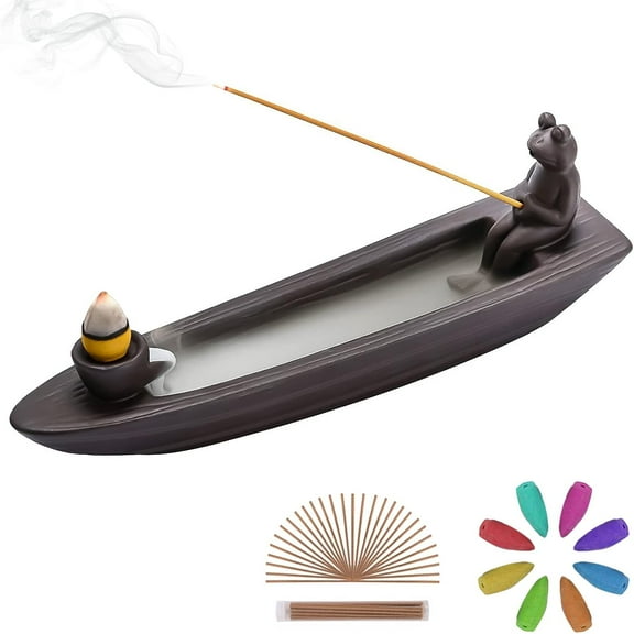 ChangWanna Frog Incense Holder Waterfall - Ceramic Cone Backflow Burner Smoke Fountain, Back Flowing Diffuser with 45 Sticks & 12 Cones, Ornament for Aromatherapy/Yoga/Home Decor