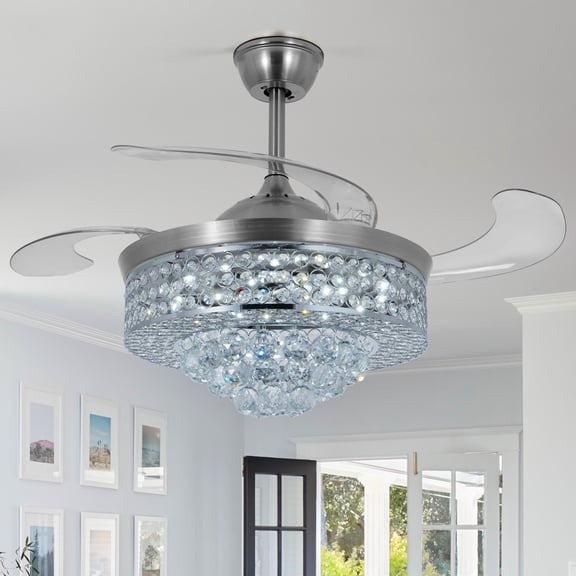 More Change 42'' Modern Fandelier Crystal Ceiling Fan with LED Light and Remote Control Light 3 Lighting Modes and 3 Fan Speeds Chandelier for Bedroom Indoor Living Room
