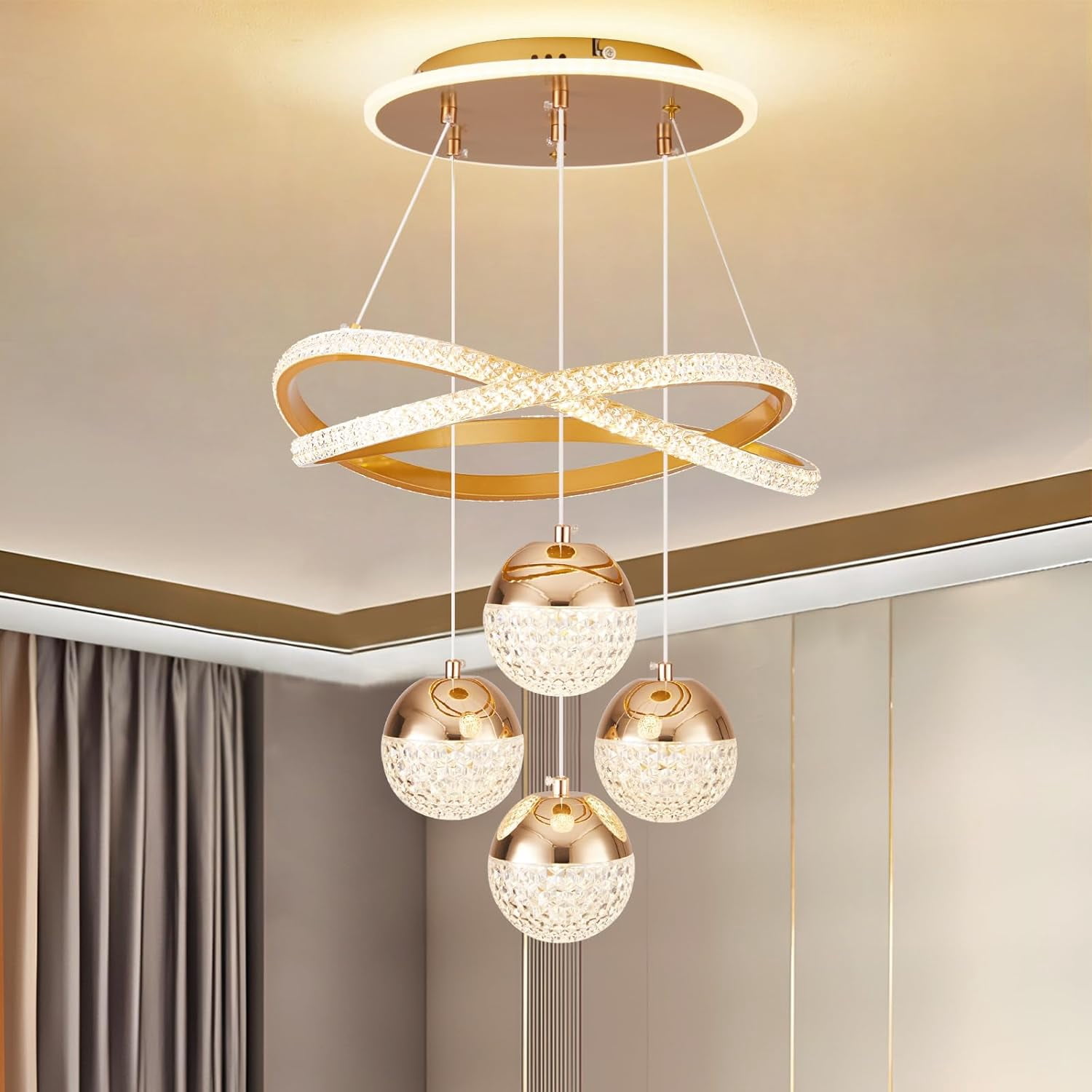 More Change Modern Gold LED Chandeliers, 3-Color Dimmable Pendant Light for Kitchen Island, Dining Room, Living Room, Contemporary Hanging Ceiling Light, Adjustable Height for Modern Home Decor