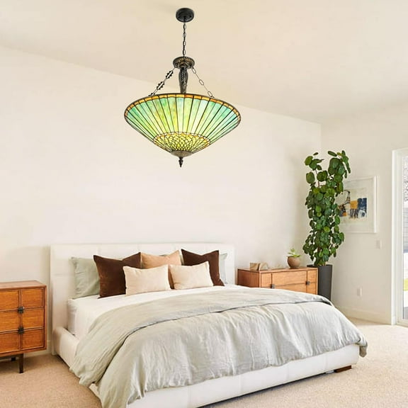 More Change Tiffany Pendant Light, 5 Lights 23.6" Wide Stained Glass Ceiling Hanging Lamp, Victorian Antique Inverted Chandelier with Adjustable Height for Living Room Bedroom Farmhouse