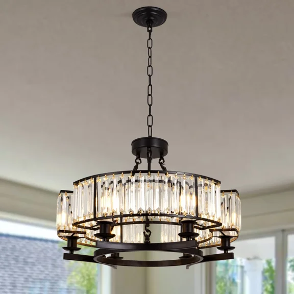 More Change Vintage Crystal Chandelier Black 6 Lights Hanging Ceiling Light Fixture Iron Frame Pendant Lighting for Farmhouse Decoration Dining Table Living Room