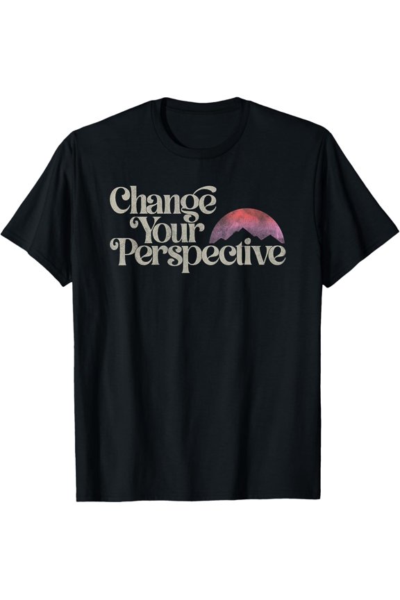 Change Your Perspective, Small Sunset Mountain Outline Icon T-Shirt men and women can wear, black, white, gifts