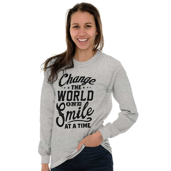 Change the World One Smile at a Time Women Plus Size Long Sleeve Graphic Tee Brisco Brands 3X