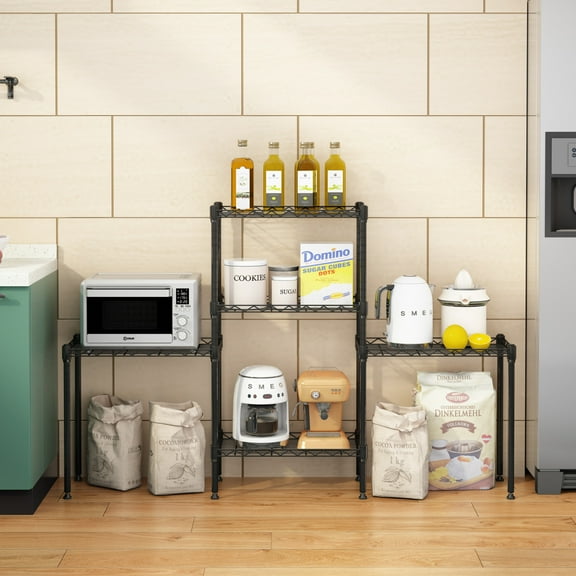 Changeable Assembly 5 Tiers Floor Standing Carbon Steel Storage Rack, Microwave Oven Rack, 5 Tiers Combination Home Shelf, Storage Rack Kitchen Shelf, Black