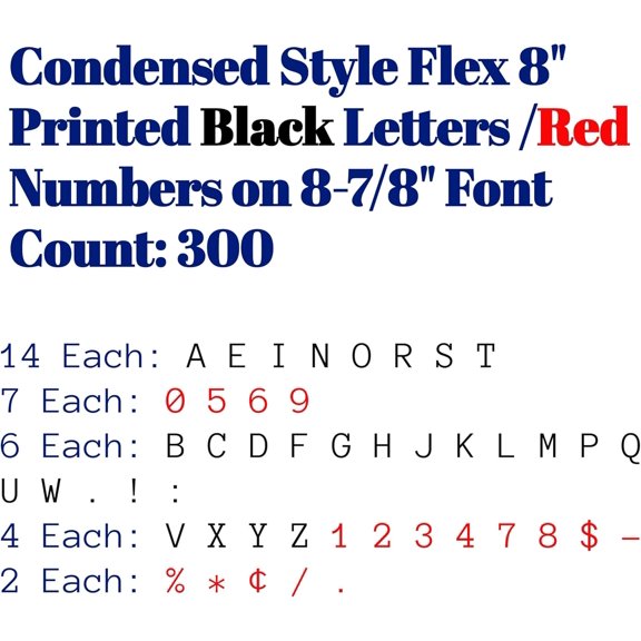 Changeable Outdoor Sign Flexible Letters for Portable Roadside Signs & Reader Boards | Condensed Style | 8" on 8-7/8" Black Letters/Red Numbers | 300 Count Set$$Other